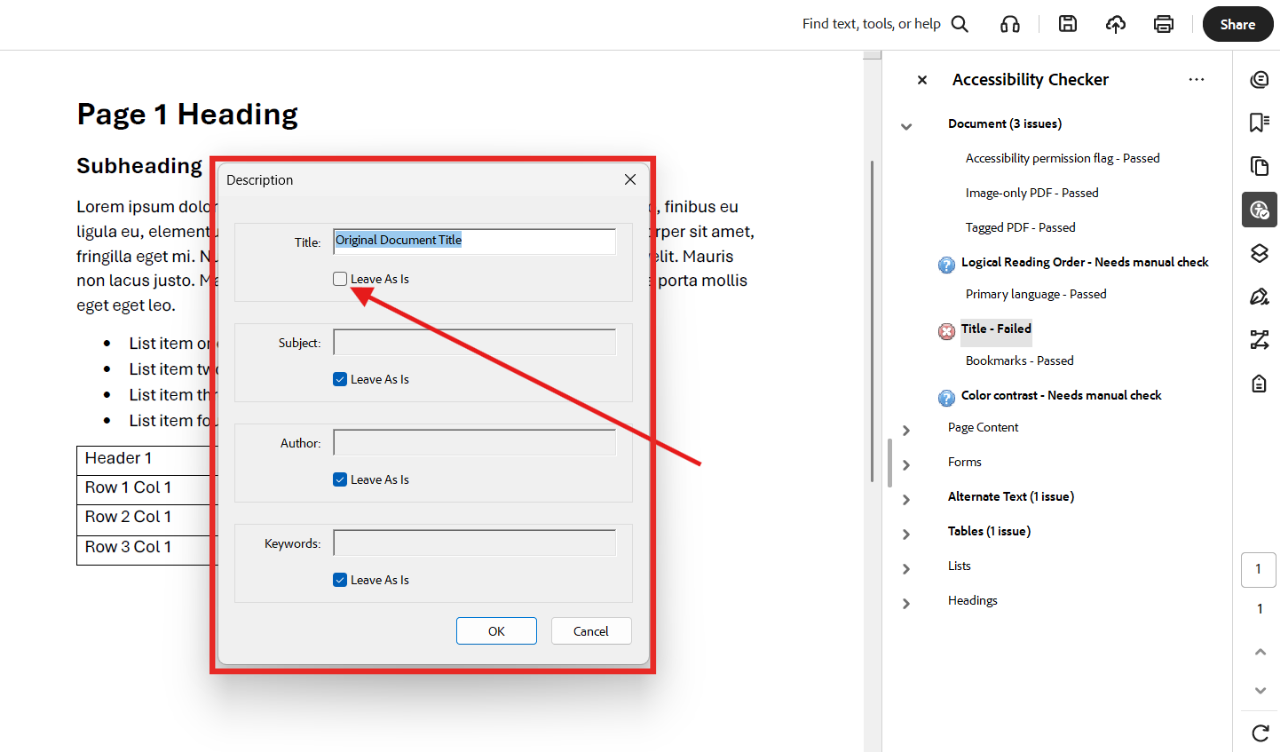 Adobe Acrobat Accessibility checker with the title fix popup for the title description visible. A red arrow points to the clear Leave As Is check box in the Title area.