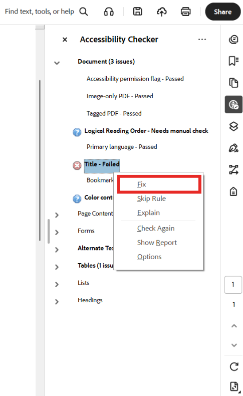 The Adobe Acrobat Assesibility Checker window is show with a right click mini menu over the Title error. The mini menu is highlighting the Fix option.