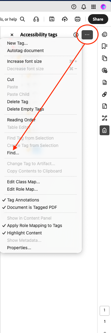 Screenshot of Adobe Acrobat's Accessibility Tags panel showing a red circle around the 'More Options' three-dot menu and a red arrow pointing down to the 'Find...' option in the dropdown list.