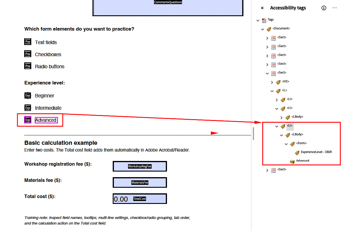 Screenshot showing the relationship between a PDF form option and its tag structure, with a red arrow connecting the selected 'Advanced' option on the document page to its corresponding 'LI' tag hierarchy in the Adobe Acrobat Accessibility Tags panel.
