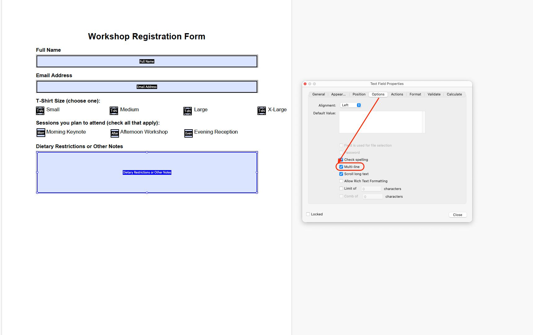 Screenshot showing the Text Field Properties dialog in Adobe Acrobat, with a red line pointing from the Options tab down to a circled 'Multi-line' checkbox for the 'Dietary Restrictions or Other Notes' form field.