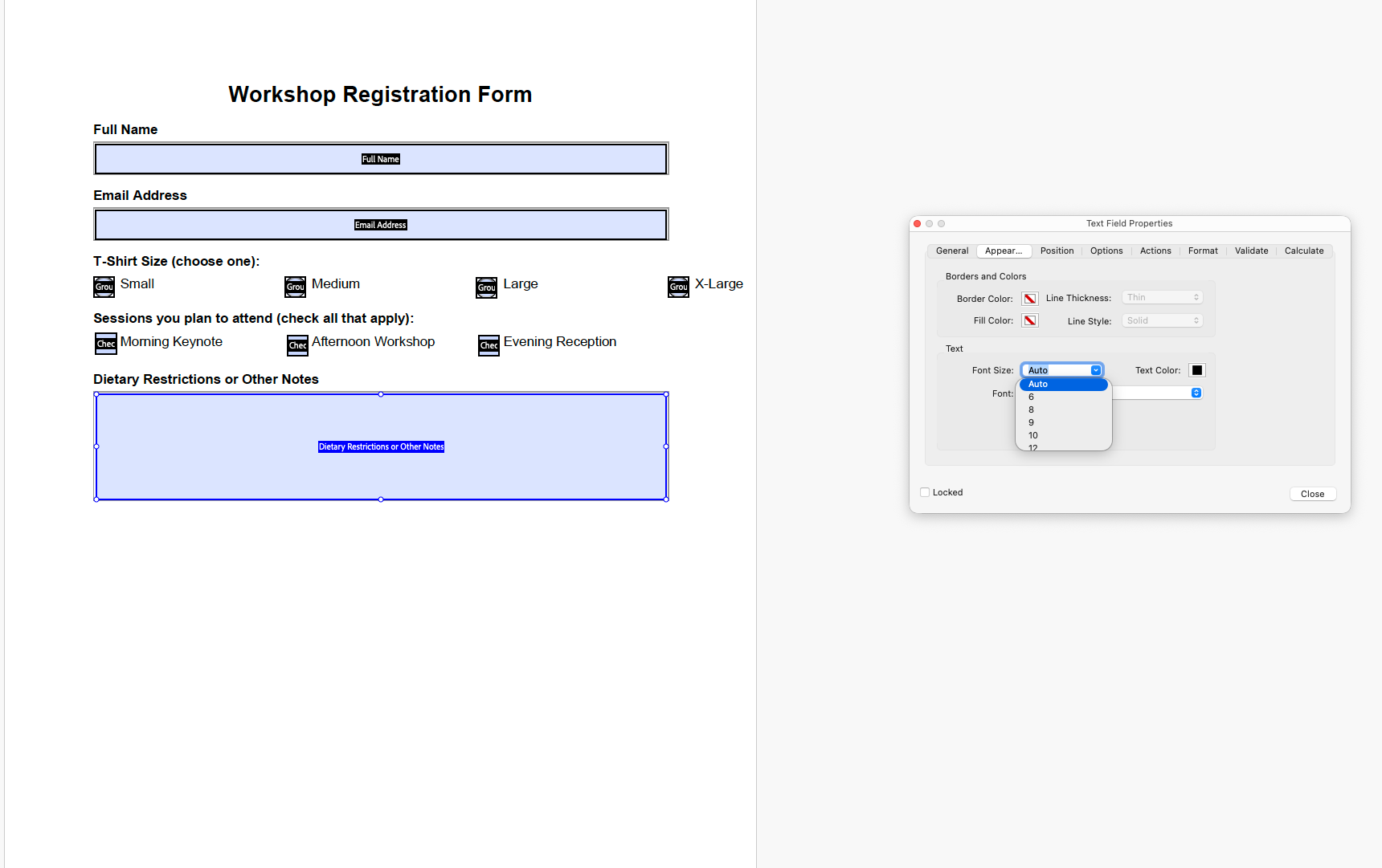 Screenshot showing the Text Field Properties dialog in Adobe Acrobat, with the Appearance tab active and the Font Size dropdown menu open, displaying 'Auto' selected.