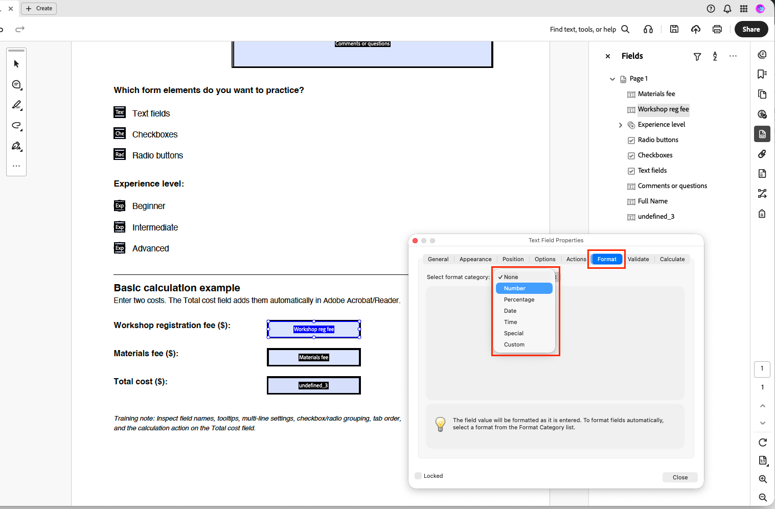 Screenshot showing the Text Field Properties dialog in Adobe Acrobat with the Format tab selected, highlighting the format category dropdown menu where 'Number' is selected for the 'Workshop reg fee' field.
