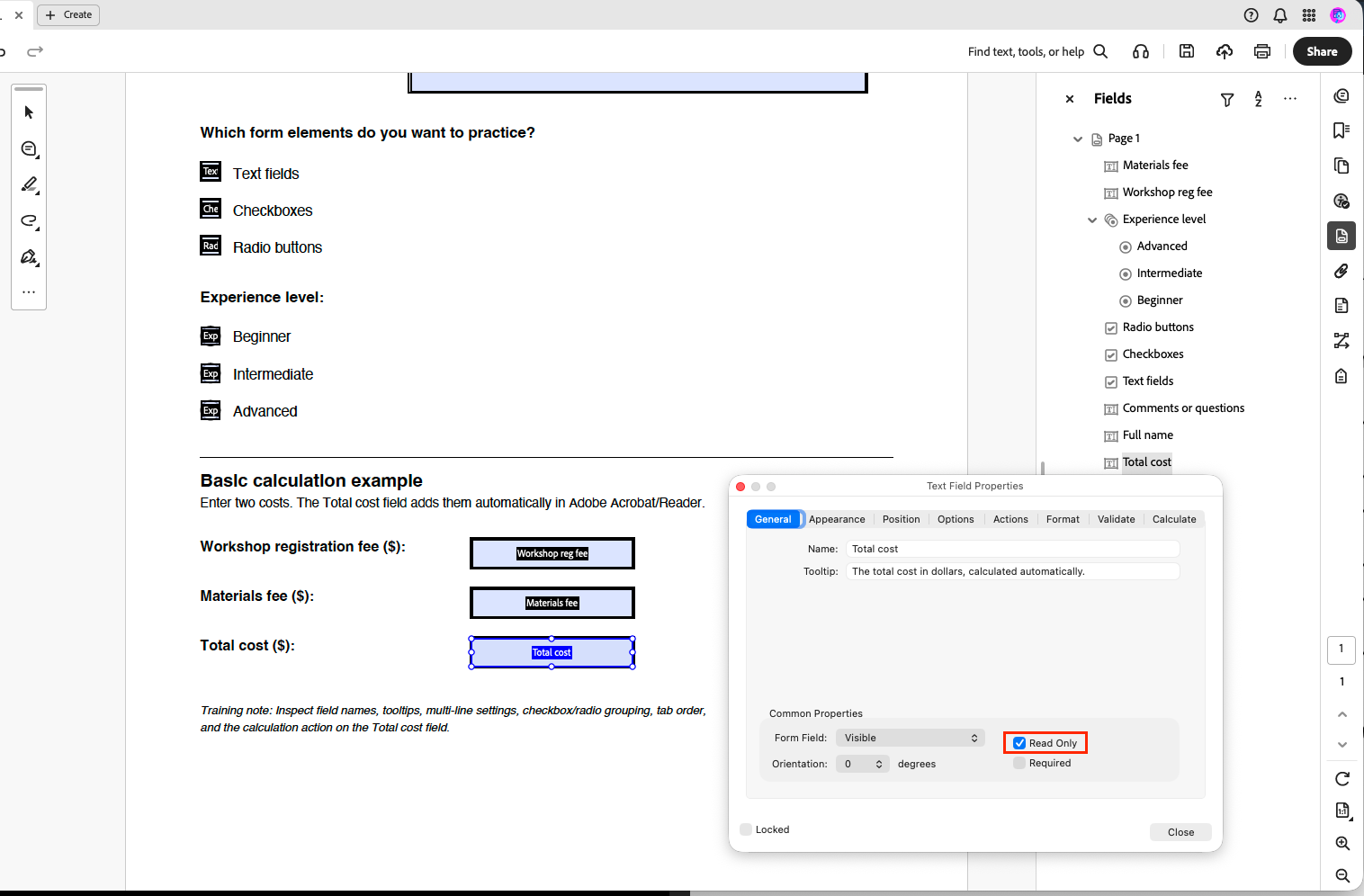 Screenshot showing the Text Field Properties dialog in Adobe Acrobat with the General tab selected, highlighting the checked 'Read Only' option for the 'Total cost' field.