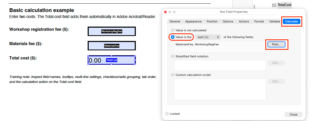 Screenshot showing the Text Field Properties dialog in Adobe Acrobat with the Calculate tab open, displaying a sum calculation set up for the 'TotalCost' field.