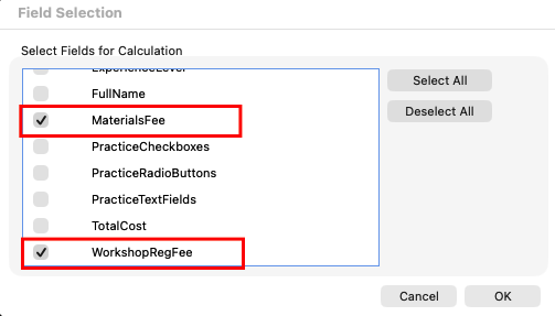 Screenshot of the Field Selection dialog box in Adobe Acrobat showing the 'MaterialsFee' and 'WorkshopRegFee' checkboxes selected.