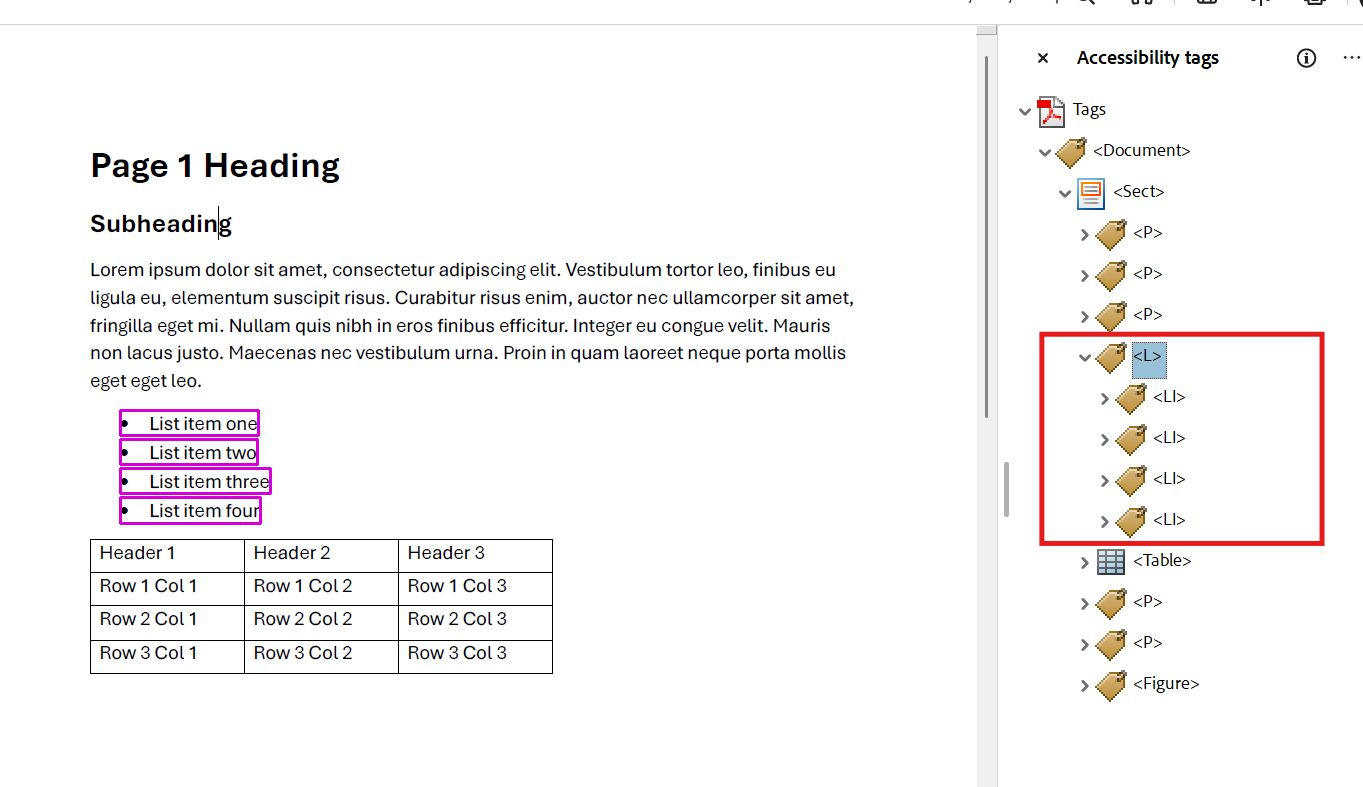 Screenshot of Adobe Acrobat Accessibility panel with the list tags and highlighted.