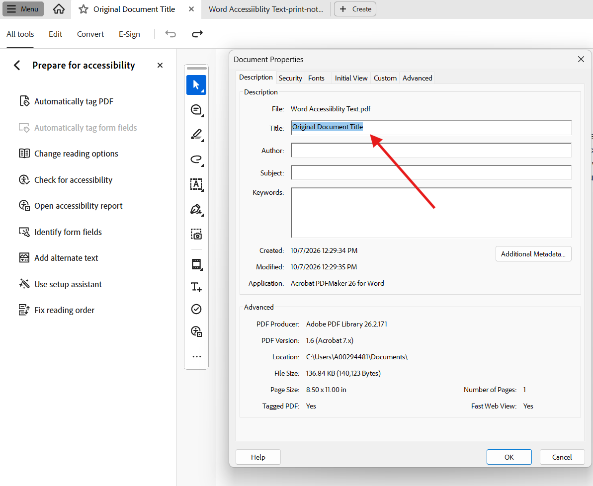 Adobe Acrobat Document Properties windows with an arrow pointing the the Title field.