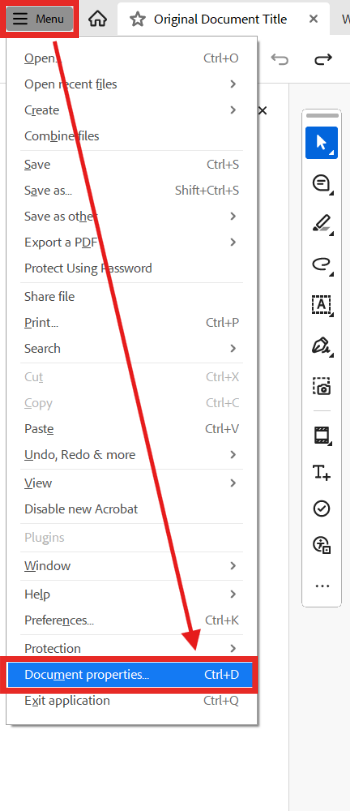 Adobe Acrobat Menu options open with a red arrow pointing to the Document Properties option.