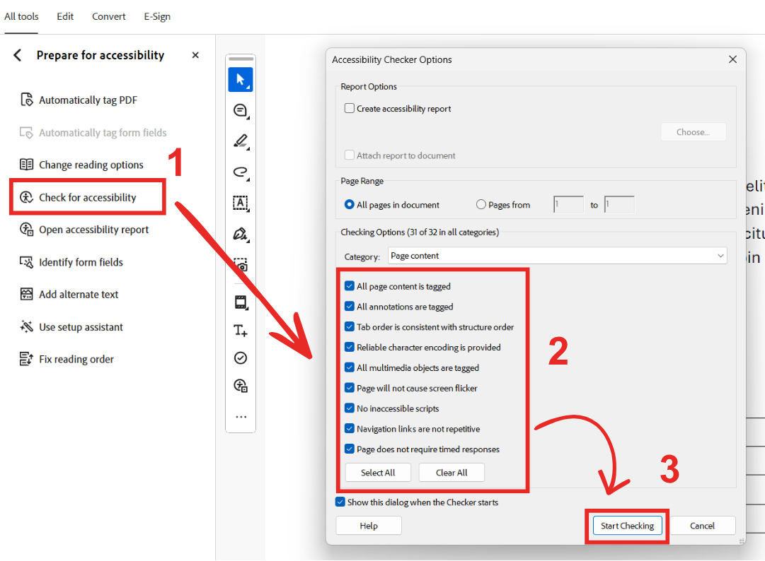 Adobe Acrobat Prepare for Accessibility menus are show with the Check For Accessibility highlighted as step 1, the Accessibility Options selected checkboxes highlighted as step 2, and the Start checking button highlighted at Step 3.