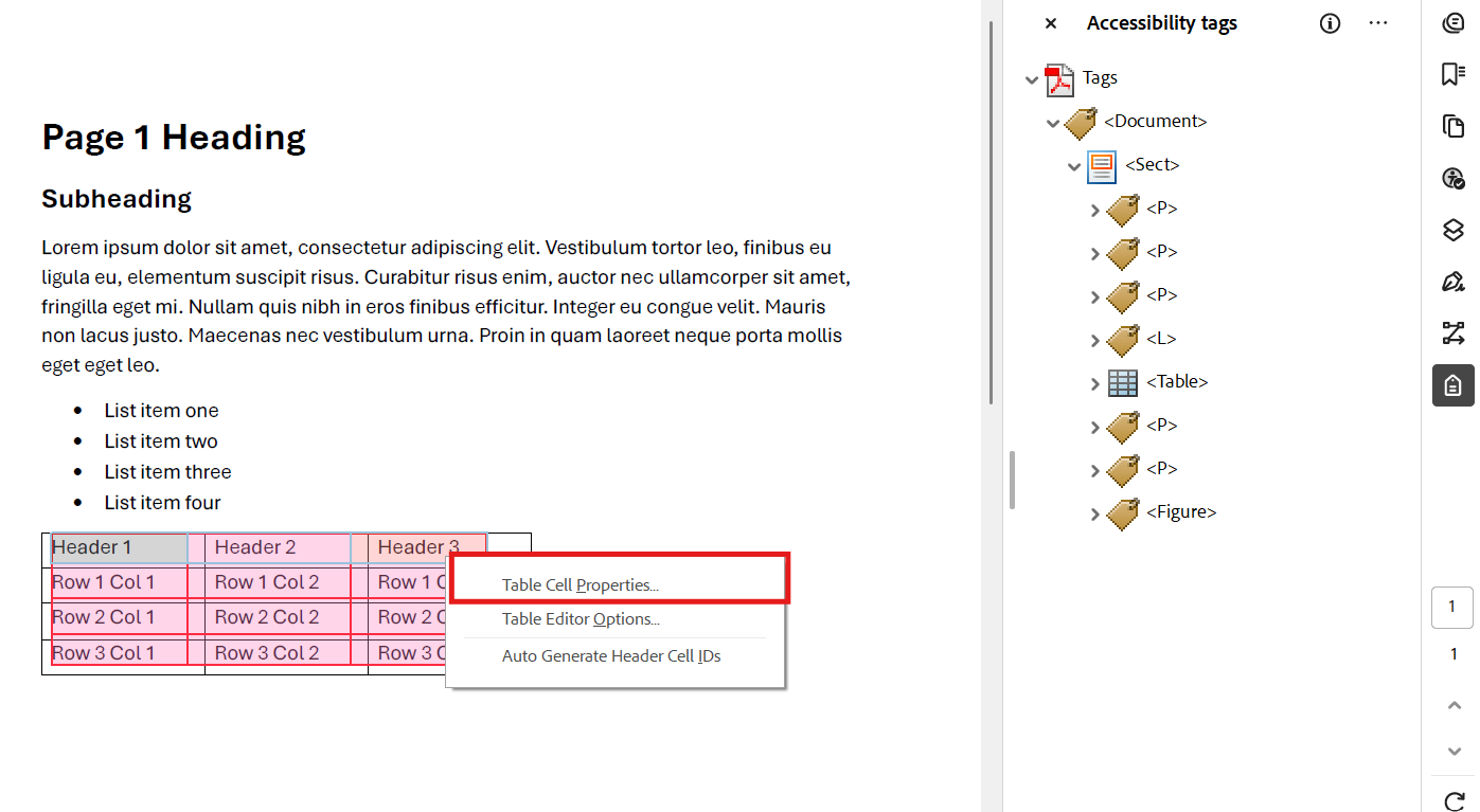 Screenshot of Adobe Acrobat Accessibility tags editor with a table header row selected and the mini menu open on the header row. The option for Tabel Cell Properites is highlighted.
