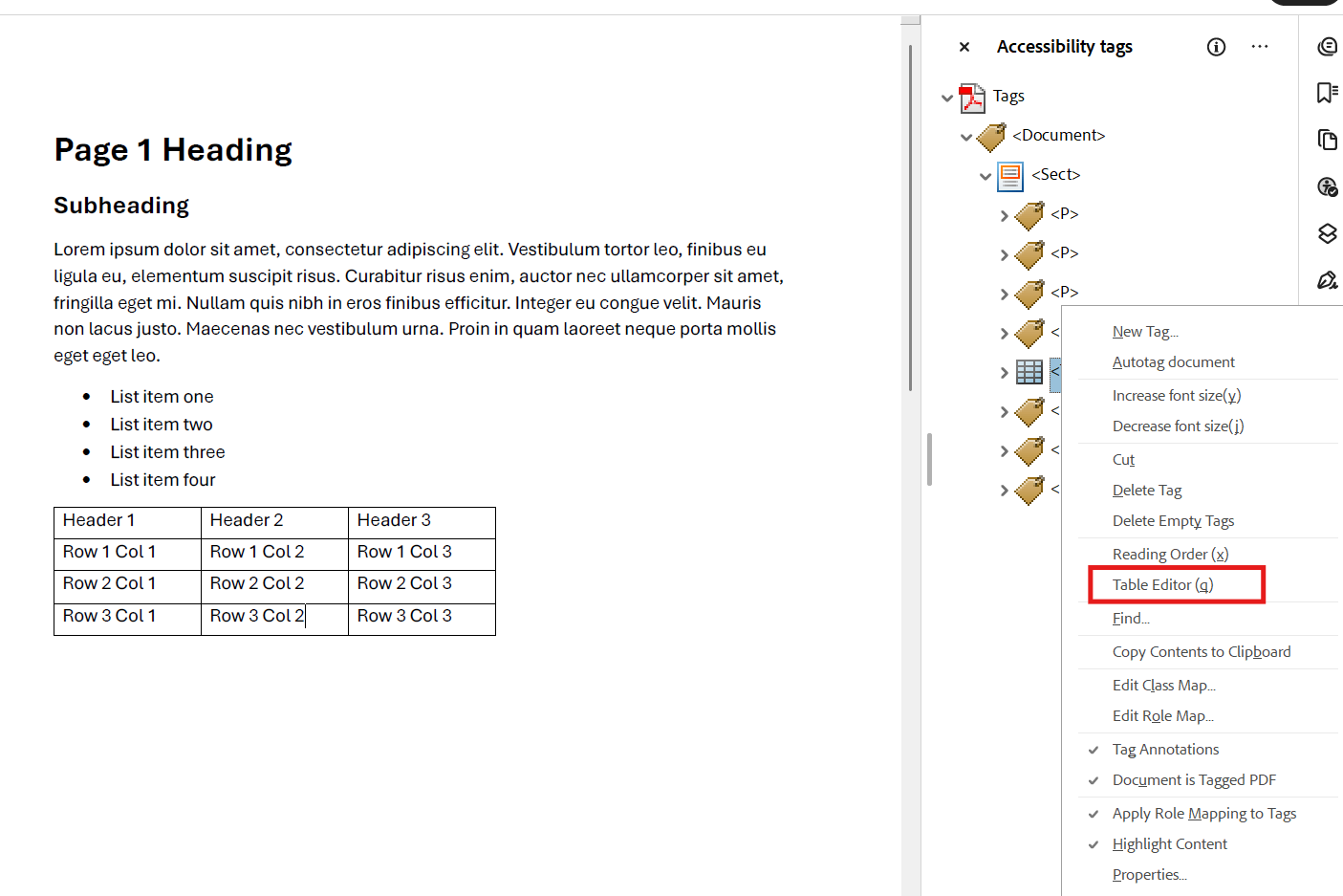 Adobe Acrobate accessible Tags pane is open showing the Table options menu after the Tabel tag has been right clicked. The Table Editor option is highlighted.