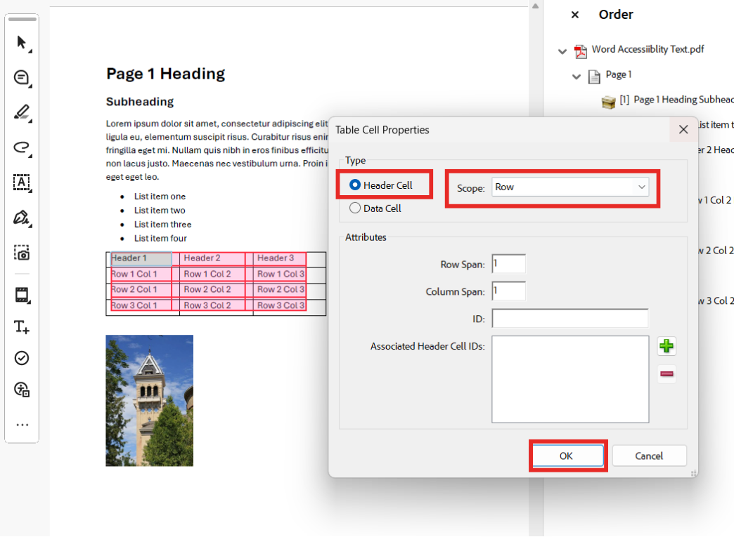 Adobe Acrobat's Tabnle Cell Properties window is open with the radio button for Header cell marked. The scope is set to row and the Ok button is highlighted as well.