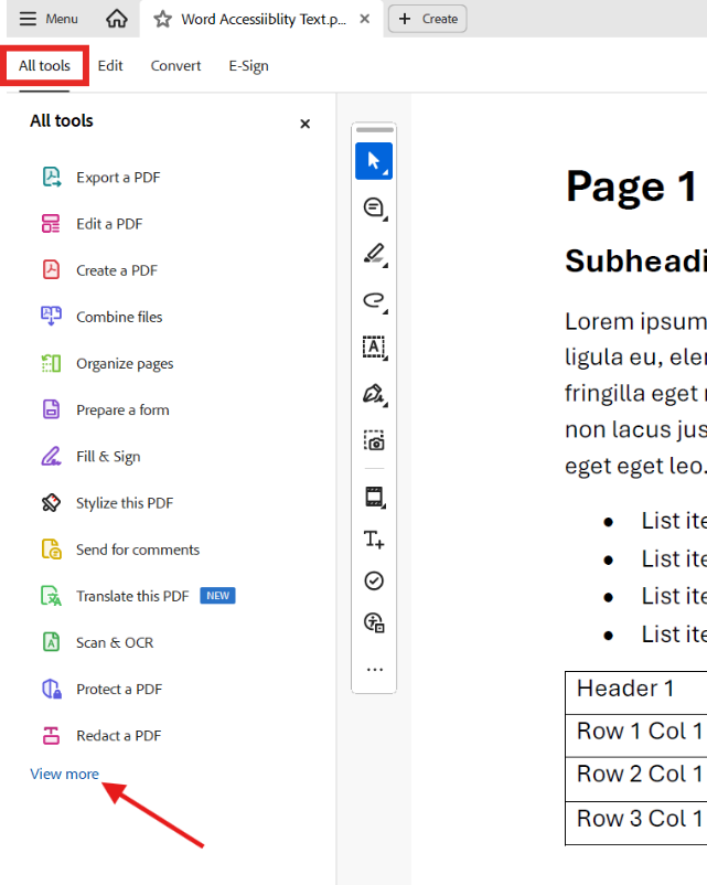 Screenshot of Adobe Acrobat showing the “All tools” panel open. The “All tools” tab is outlined in red at the upper left, and a red arrow near the bottom points to the “View more” link.