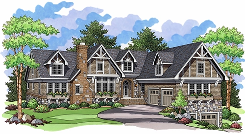 The exterior rendering of a large, elegant, Tudor-style home, which includes a large driveway and a four-car garage, as well as a landscaped yard.