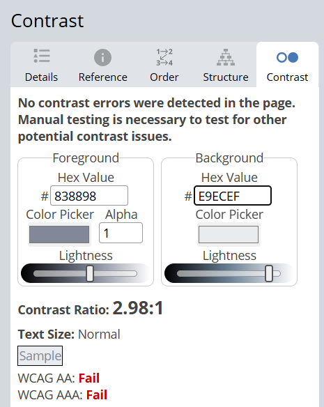The WAVE color contrast checker with two colors that show as failing in both the WCAG AA and WCAG AAA standards.
