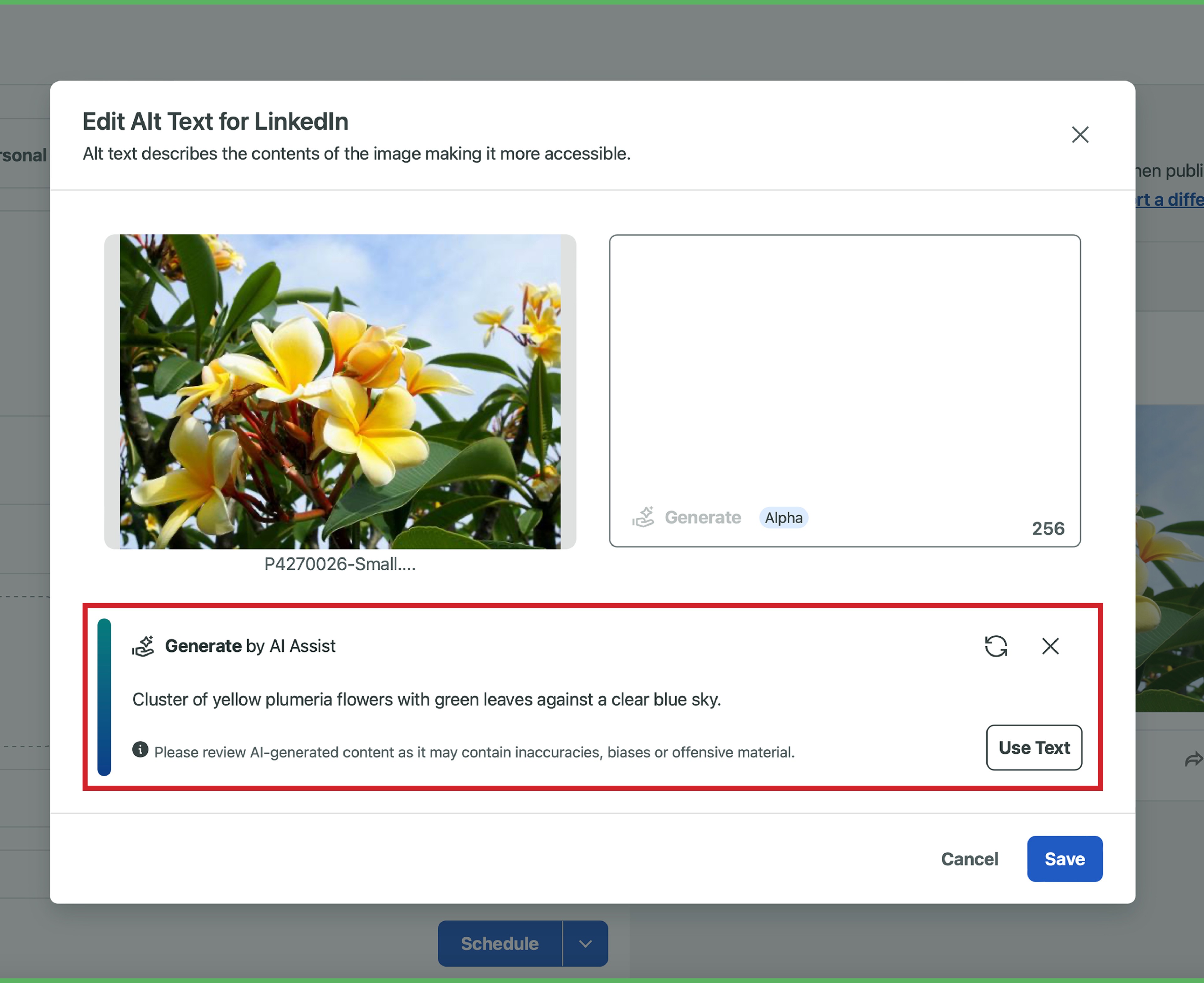 Sprout Social's Generate by AI window is shown with the Use Text button indicated.