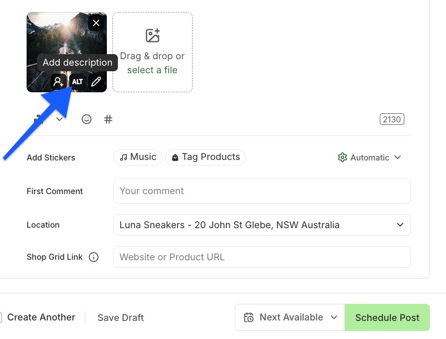 Buffer Post Editor window with blue arrow pointing to the Alt button on the image thumbnail..