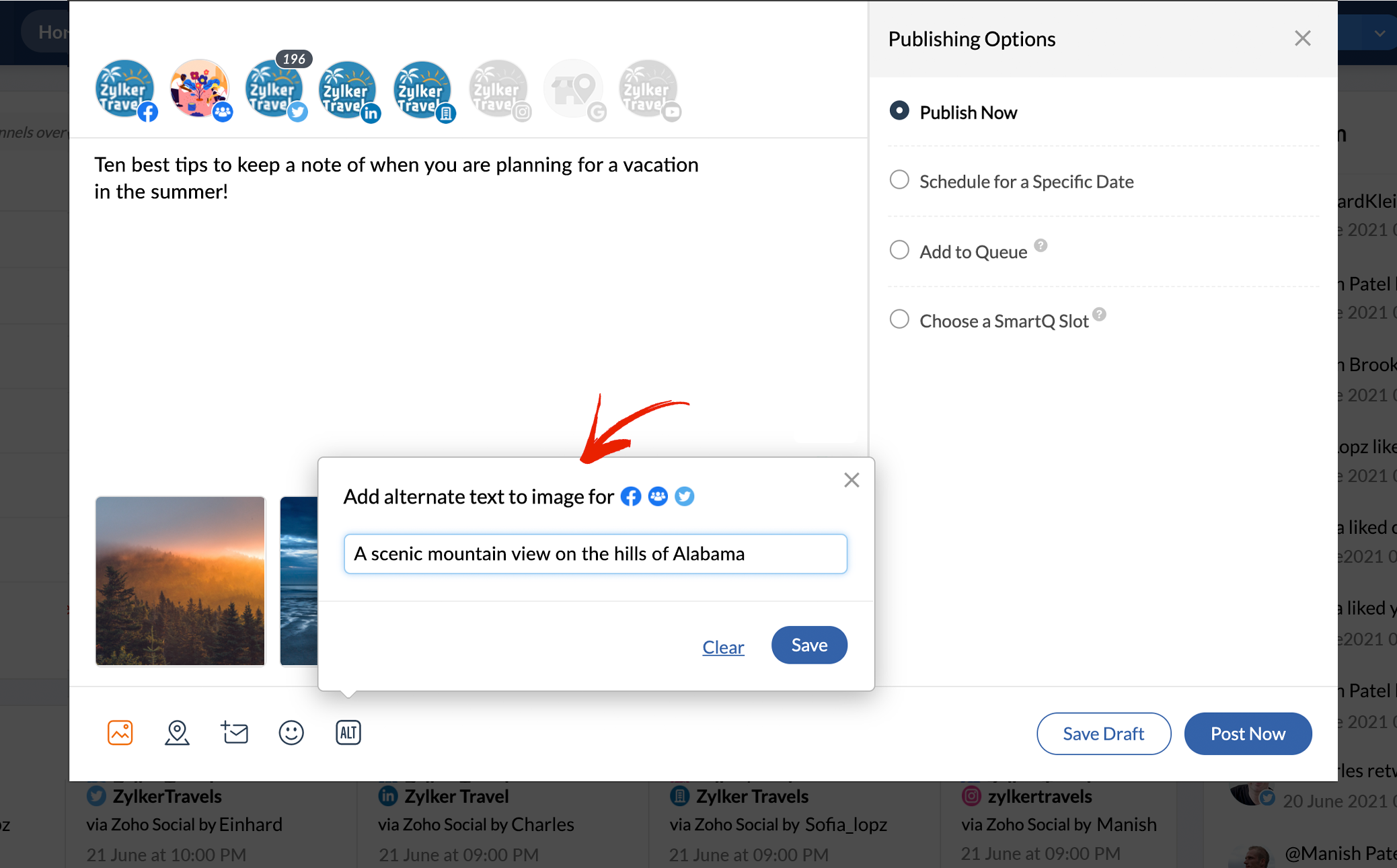 Zoho Social's alt text editor shown as a pop out near the lower left icon list.