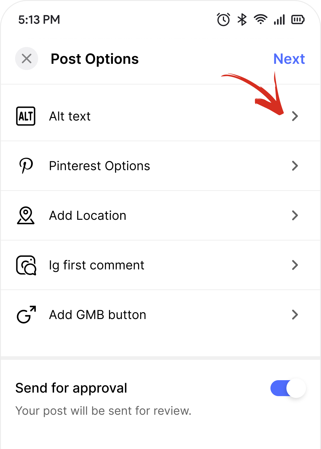 Zoho Social mobile editor of Post Options with a red arrow indicating the Alt Text option at the top of the list. 