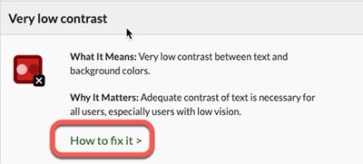 A screenshot of a very low contrast error explanation with a red box around a link that says how to fix it.