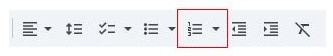 A piece of the Google Docs menu bar showing the alignment, spacing, bullet types, indentations, and clear page structure buttons. The ordered bullet point button has a red square surrounding it.