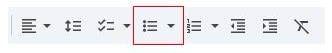 A piece of the Google Docs menu bar showing the alignment, spacing, bullet types, indentations, and clear page structure buttons. The unordered bullet point button has a red square surrounding it.