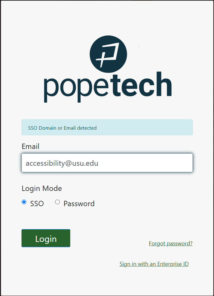 The Pope Tech login screen with a message that says SSO Domain or Email detected.
