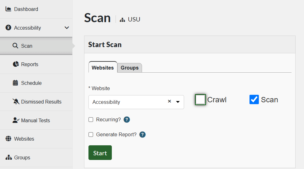 A screenshot of the Start a Scan Page in Pope Tech.