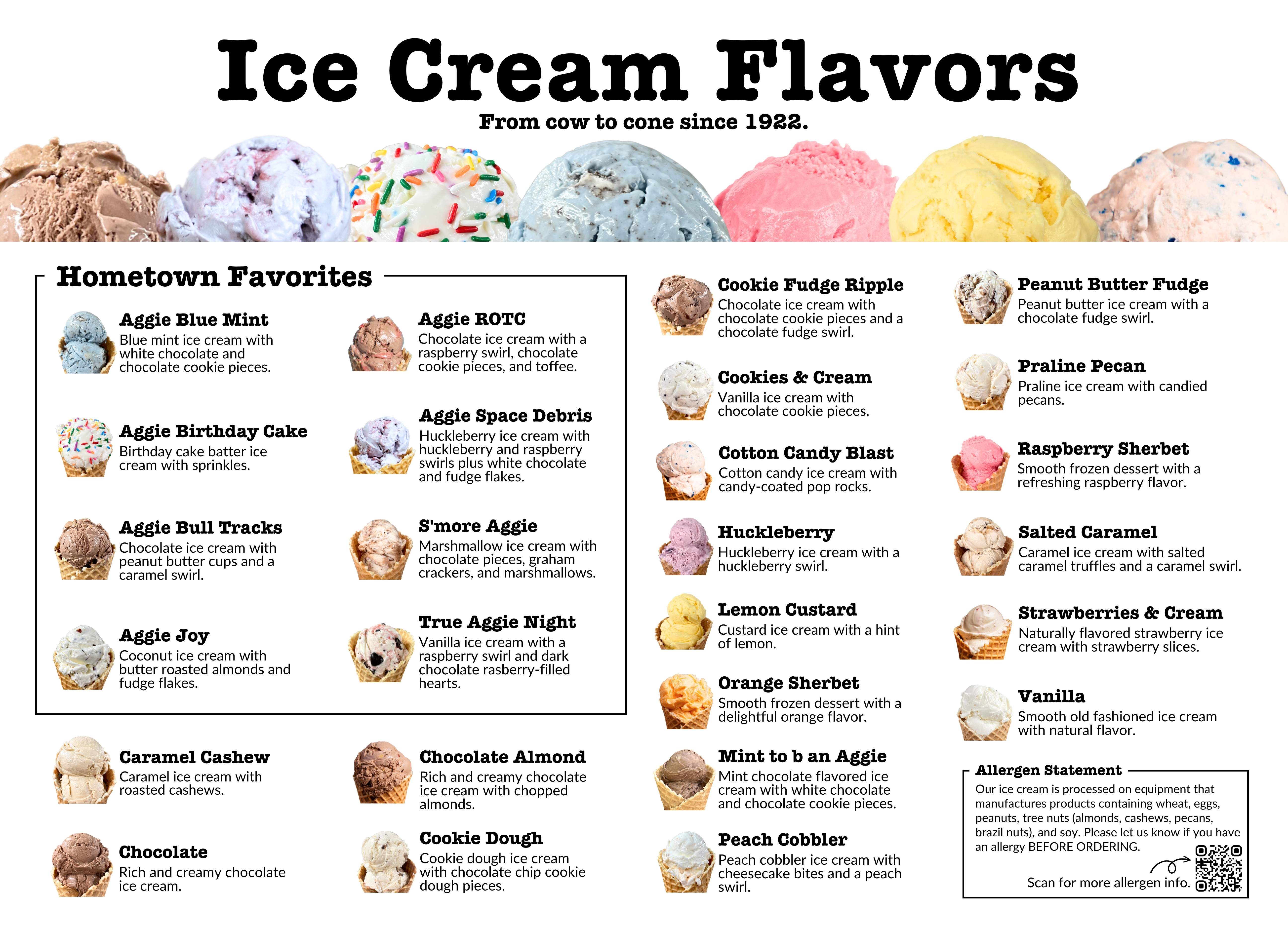 menu with descriptions of all flavors