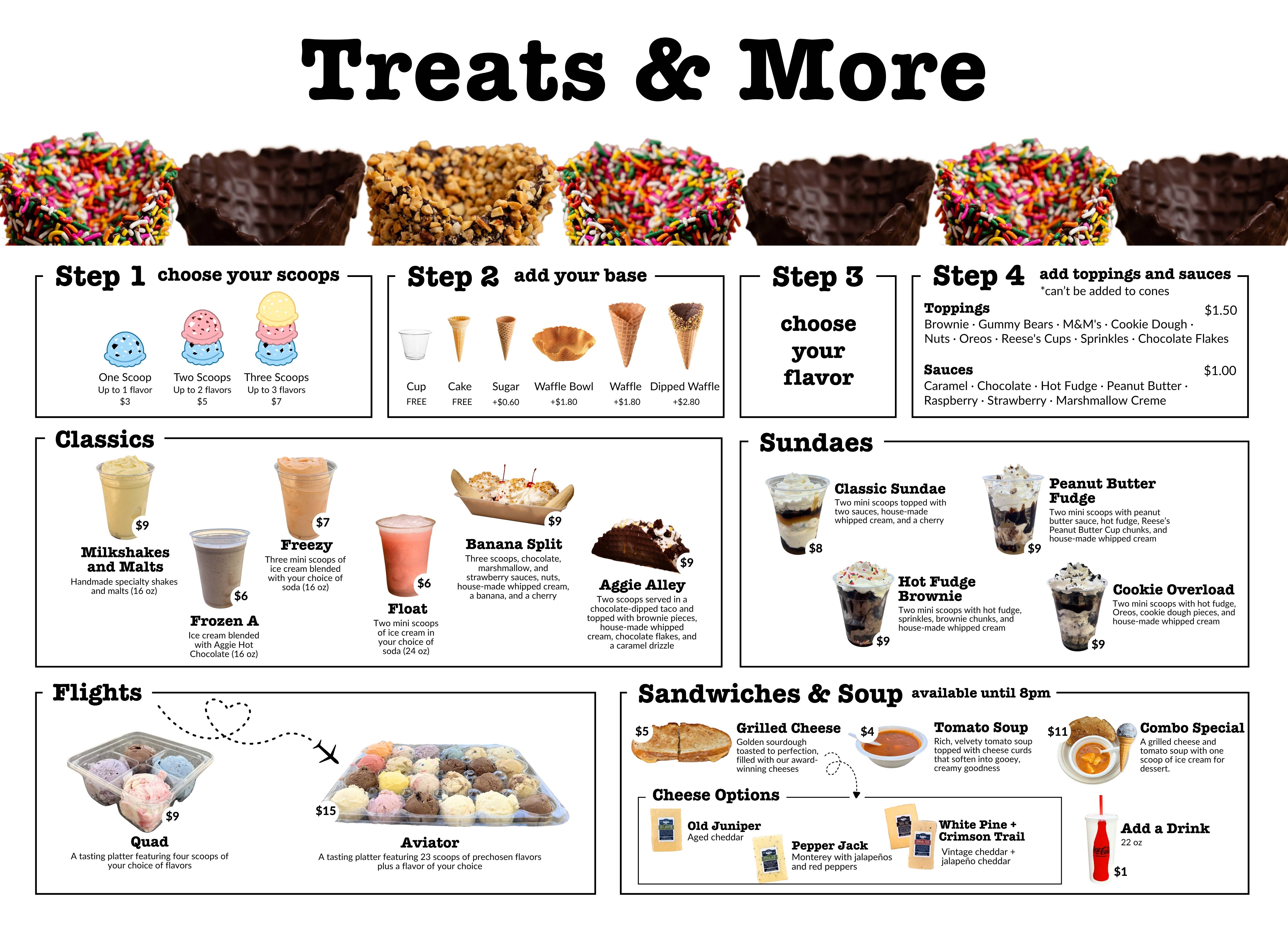 menu for all desserts and other foods at aggie ice cream