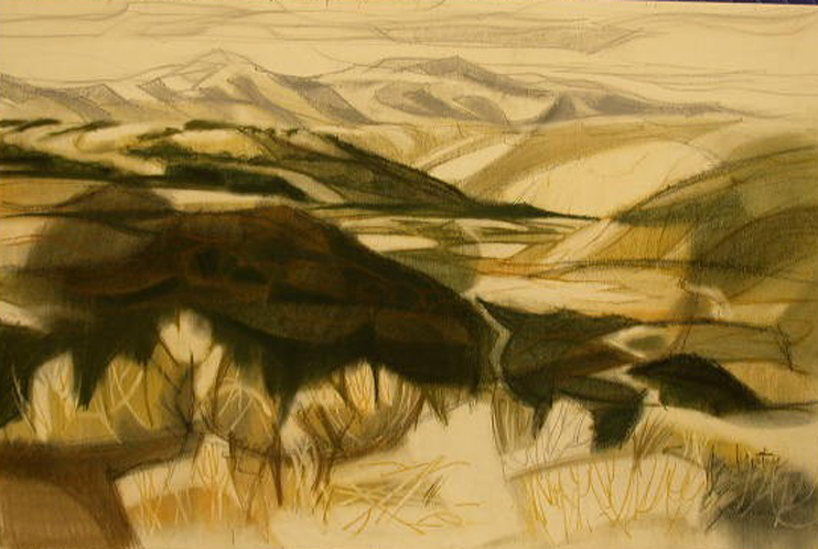 Shrubbery with rolling hills behind