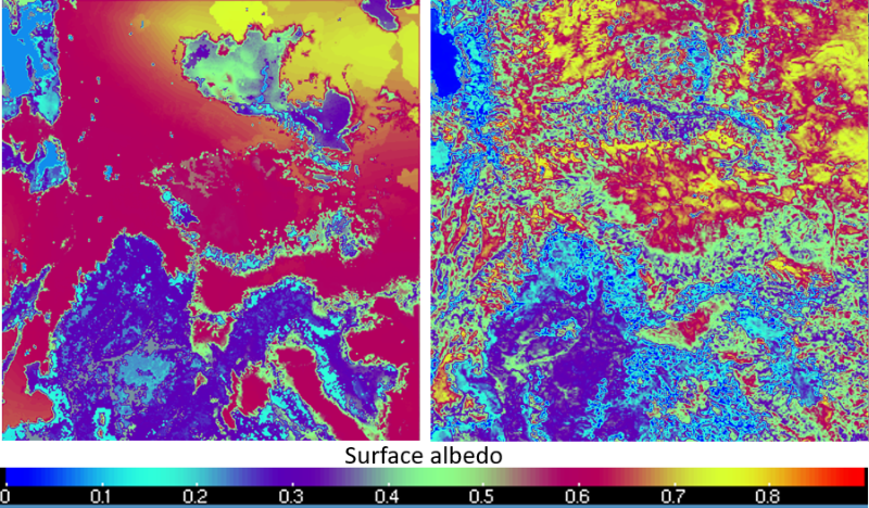 Comparison of surface albedo as simulated by WRF where no correction was applied (left) and with MODIS data assimilation (right) for an episode during winter 2011.