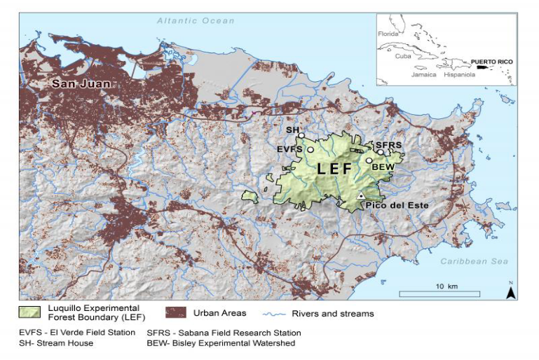 Luquillo Experimental Forest Boundary map that shows surrounding urban areas and river/streams.