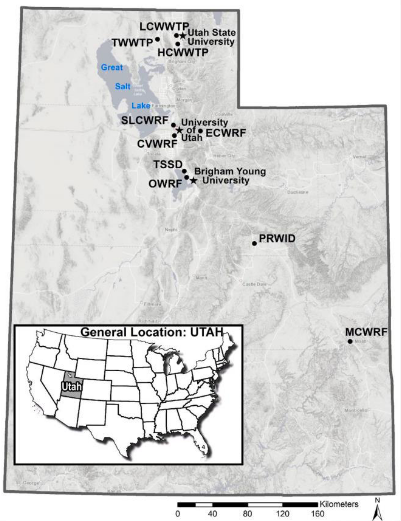 Map of Utah with points at the following locations from North to South. LCWWTP. Utah State University. TWWTP. HCWWTP. SLCWRF. University of Utah. ECWRF. CVWRF. TSSD. OWRF. Brigham Young University. PRWID. MCWRF. 