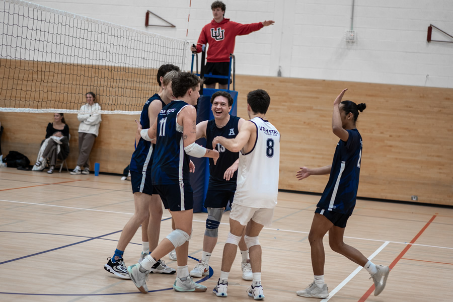 Volleyball team huddling on court