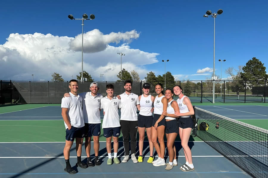 A group of eight tennis players, four men and four women, stand on a blue and green tennis court under a bright sky. This image is linked to a page showing a larger image of the original picture.