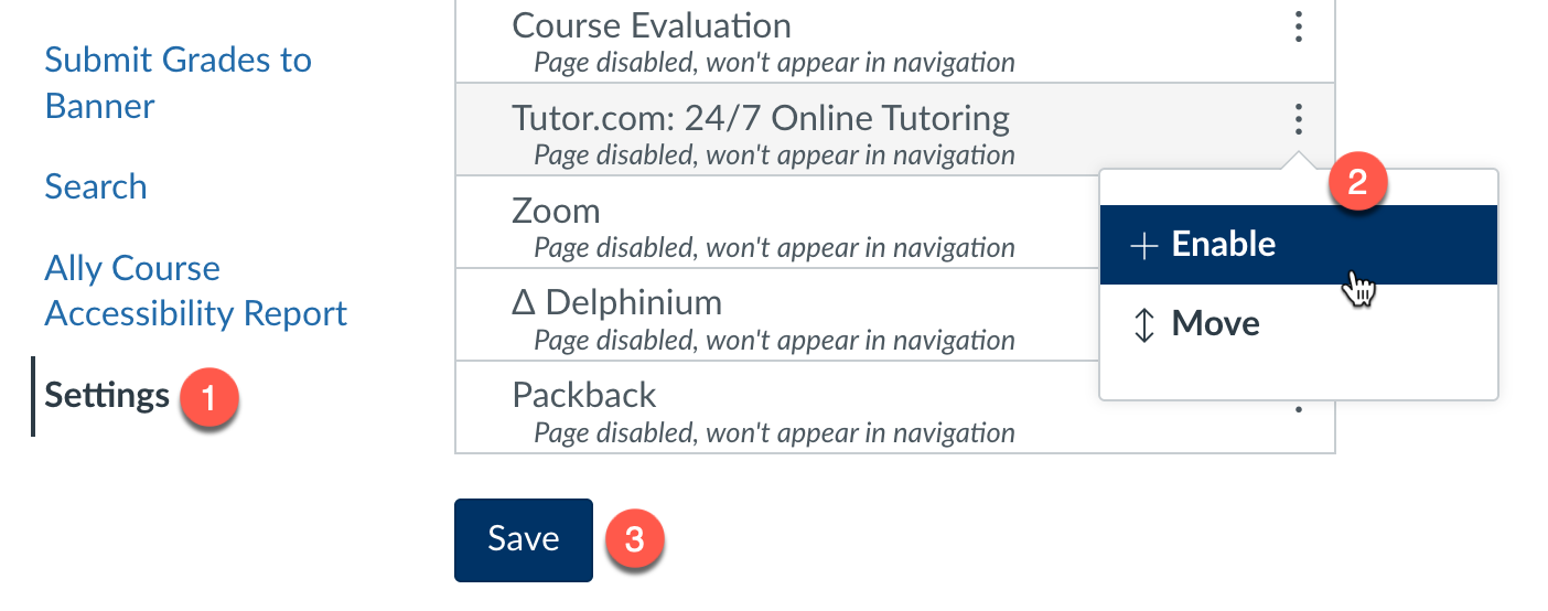To enable online tutoring in a Canvas course, go to the course settings, then to the navigation tab, and enable the tutor.com tool. 