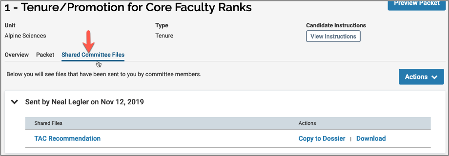 Click the Shared Committee Files link to view recommendation letters