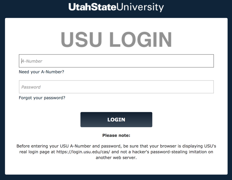 Utah State University login screen