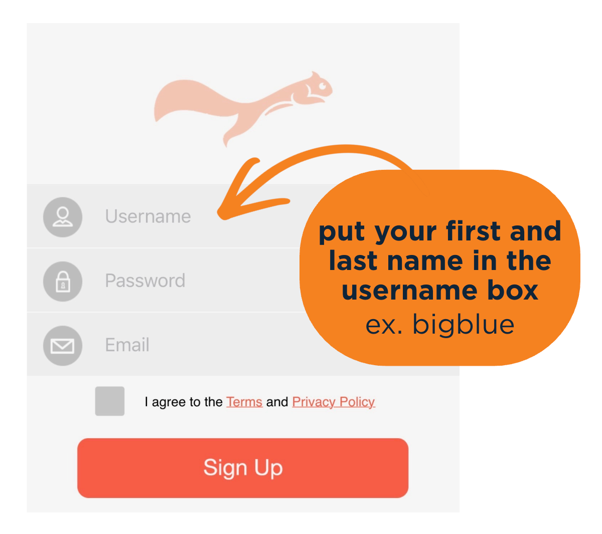 A Scavify login page with an orange box pointing at the username field that says put your first and last name in the username box ex. bigblue