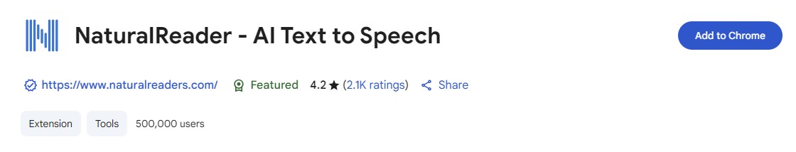 Natural Reader Chrome Extension download, click the Add to Chrome link