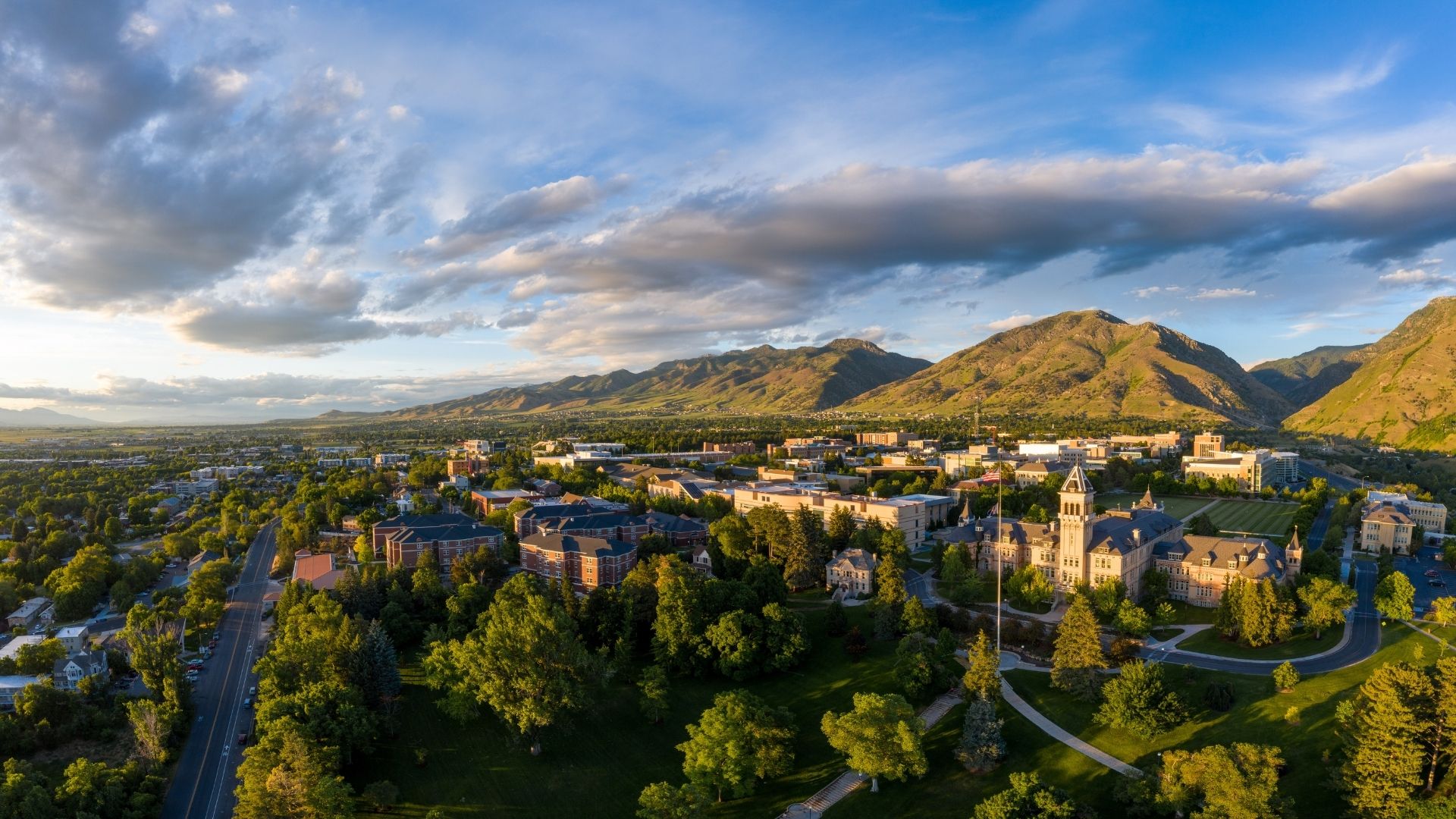 Aerial view of USU's main campus in Logan, Utah