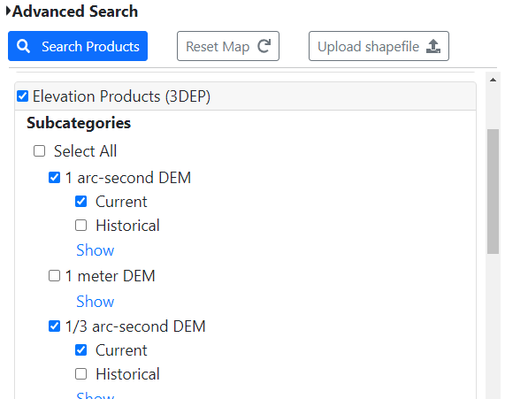 Elevation Products (3DEP) subcategories