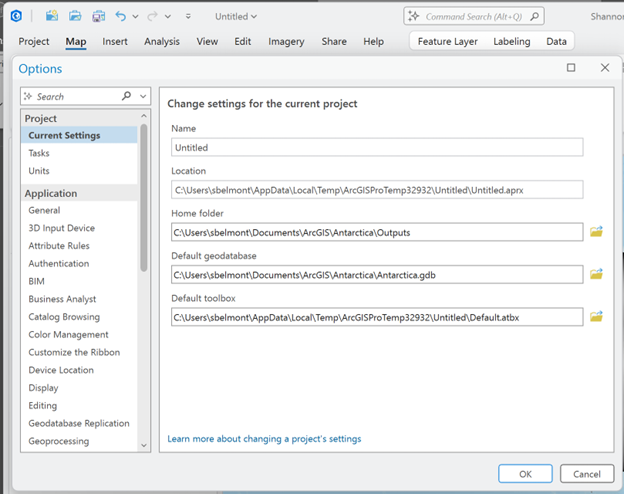 Project Options screen