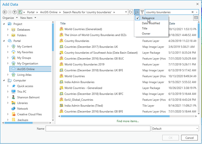 File folder with "Relevance" sort feature selected