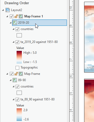 Drawing order of a map. Different editable frames shown