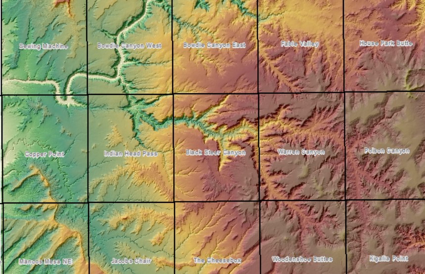 Indian Head Pass, Black Steer Canyon, and Warren Canyon on a map