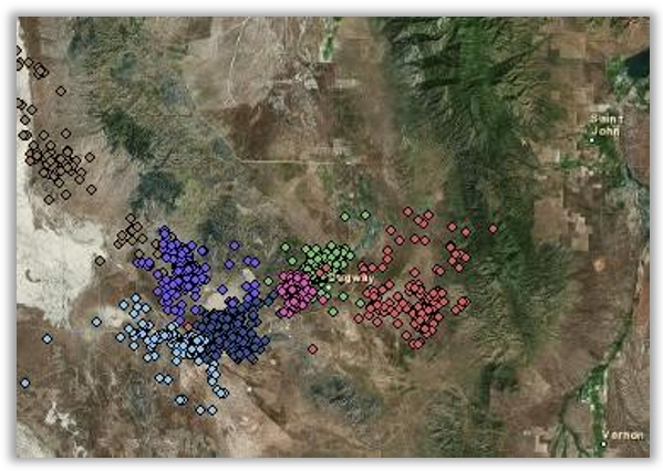 Arieal map view with different colored dots grouped together