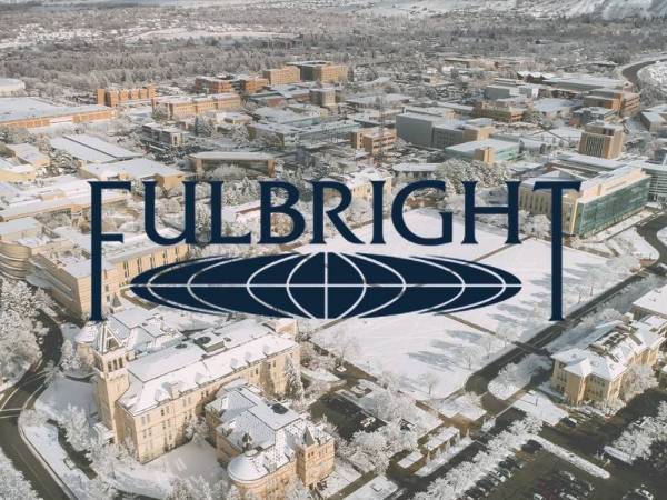 Fulbright logo superimposed over an aerian shot of USU campus